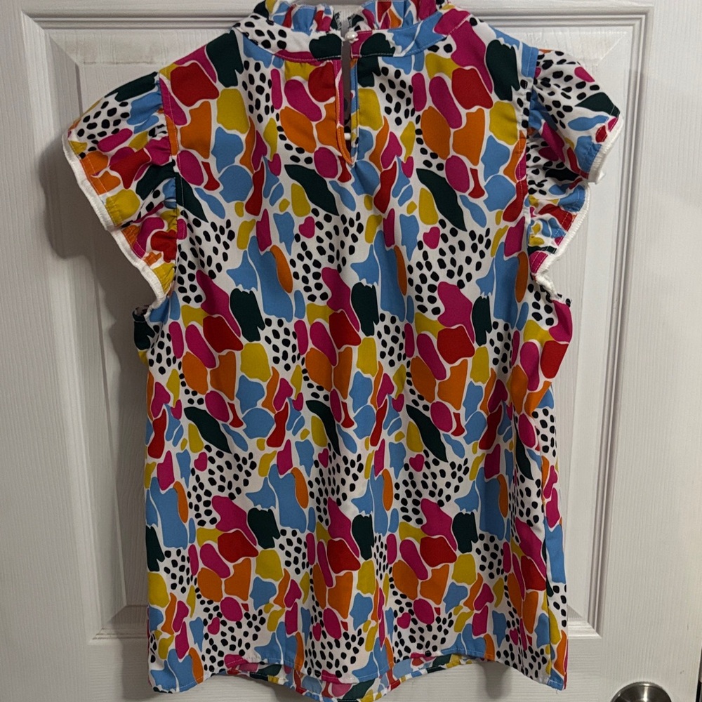 Vibrant Multicolor Ruffle Neck Flutter Sleeve Top - Picture 6 of 7